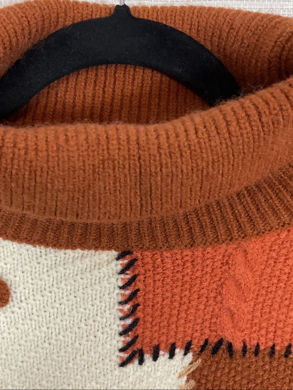 &Merci Turtleneck Floral Leaf Appliqué Patchwork Sweater in Rust & Cream Large - Picture 11 of 15